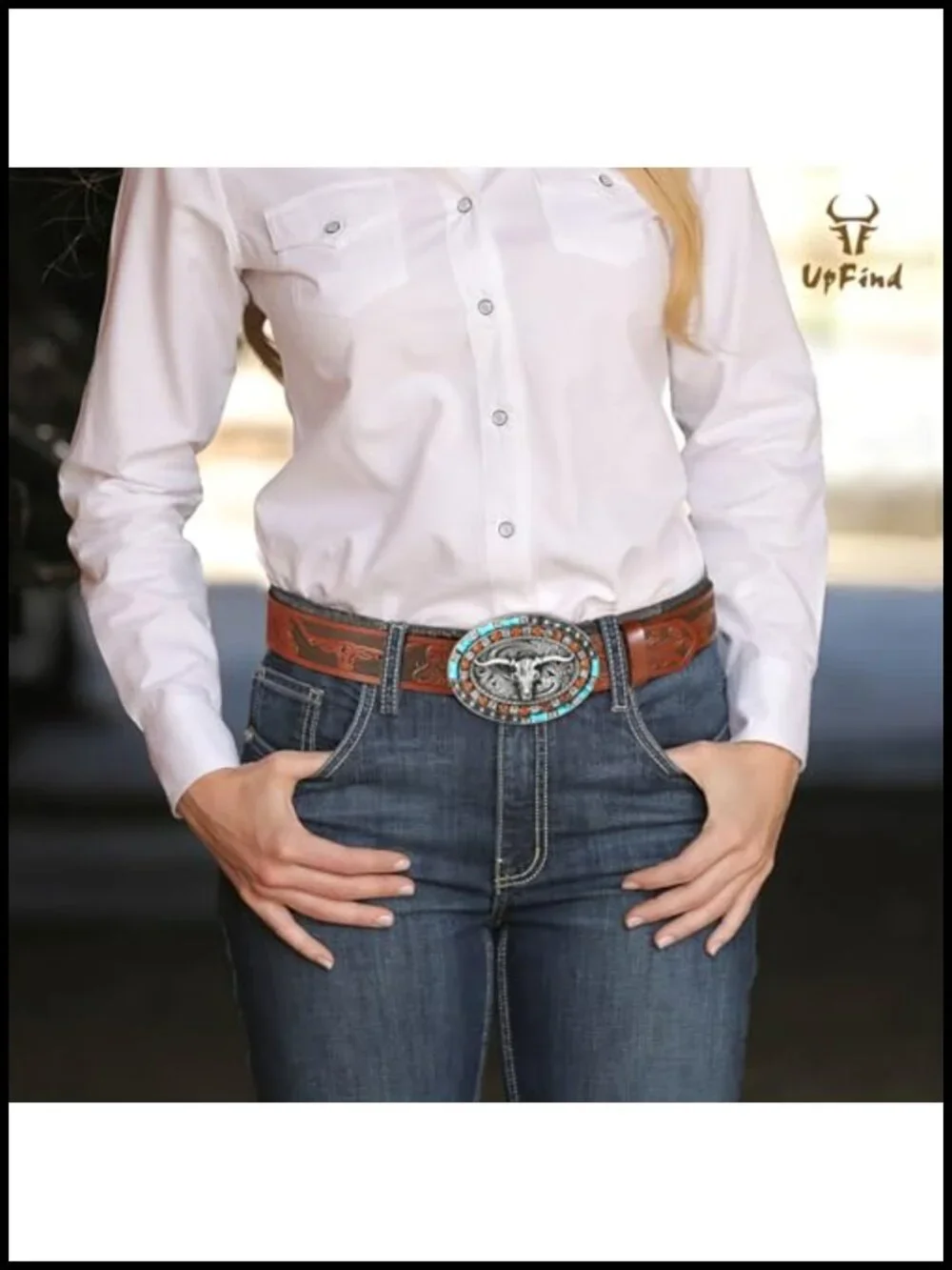 Genuine Leather Western Belt Turquoise Oval Buckle Cowboy Belt
